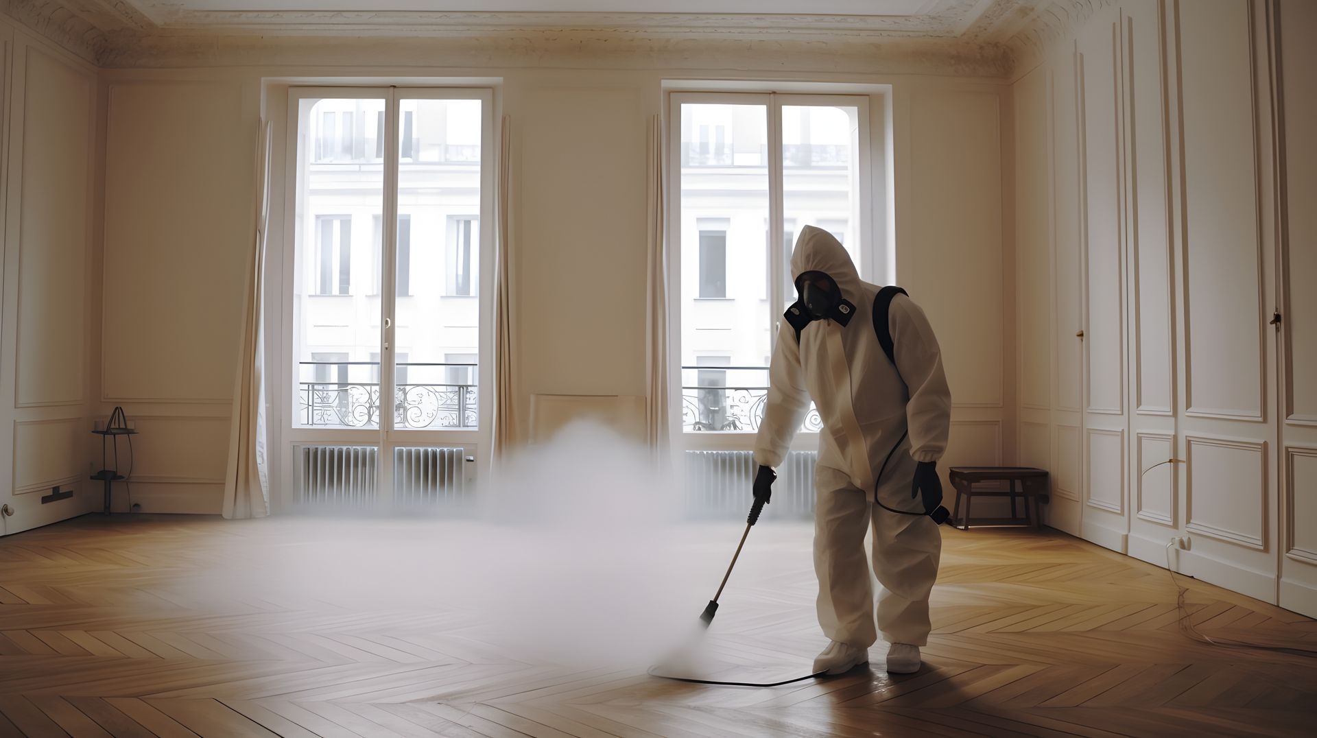 Une personne pulvérise un brouillard désinfectant sur le parquet d'une pièce vide.