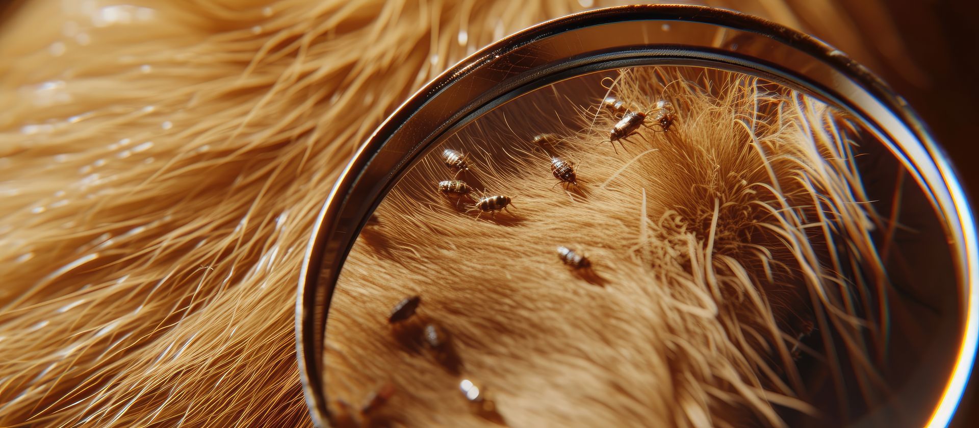 Une loupe tenue au-dessus du pelage brun clair infesté de puces.