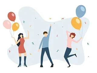 Tres personas celebran con globos y confeti. Una mujer con vestido rojo sostiene globos, al igual que las otras dos, que llevan un suéter azul y una blusa rosa.