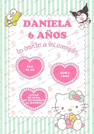 Invitación de cumpleaños con Hello Kitty y sus amigos, en color rosa y verde, con detalles de fiesta para el sexto cumpleaños de Daniela.