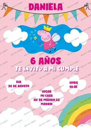 Invitación de cumpleaños para Daniela, 6 años, con Peppa Pig como hada y detalles del evento: fecha, hora, lugar en Madrid.