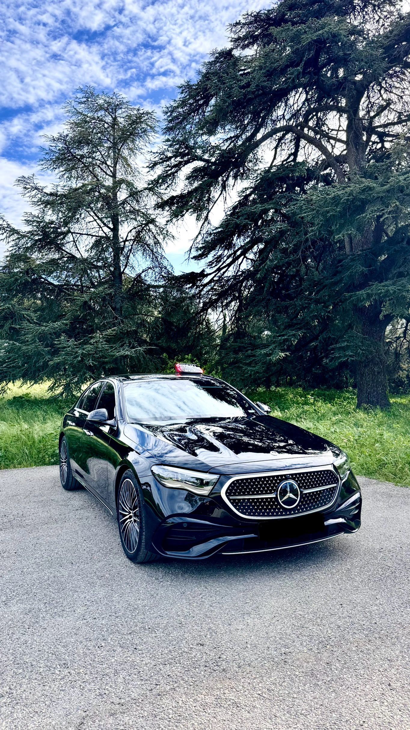 Taxi noir garé devant une forêt