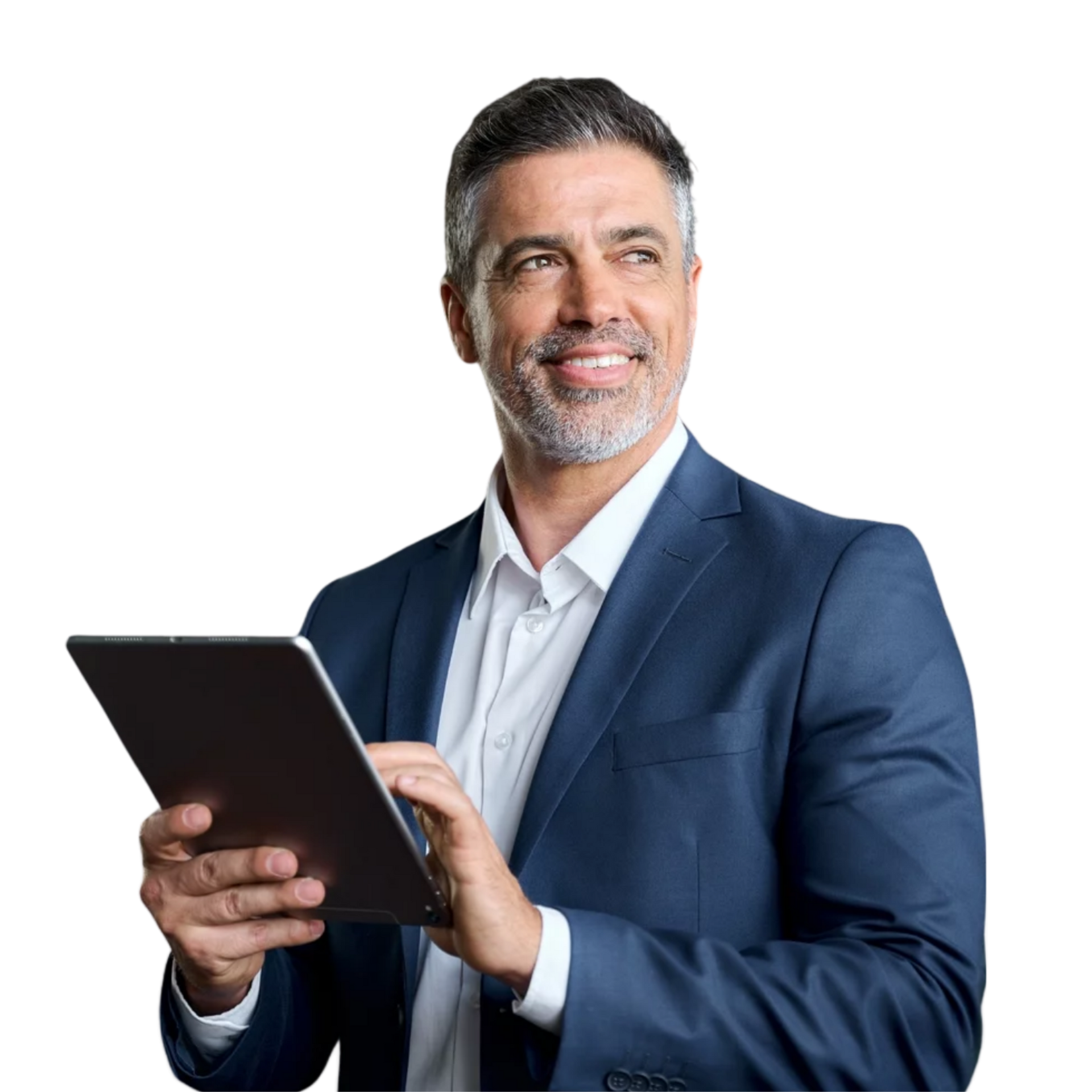 Mann im Anzug hält Tablet in der Hand