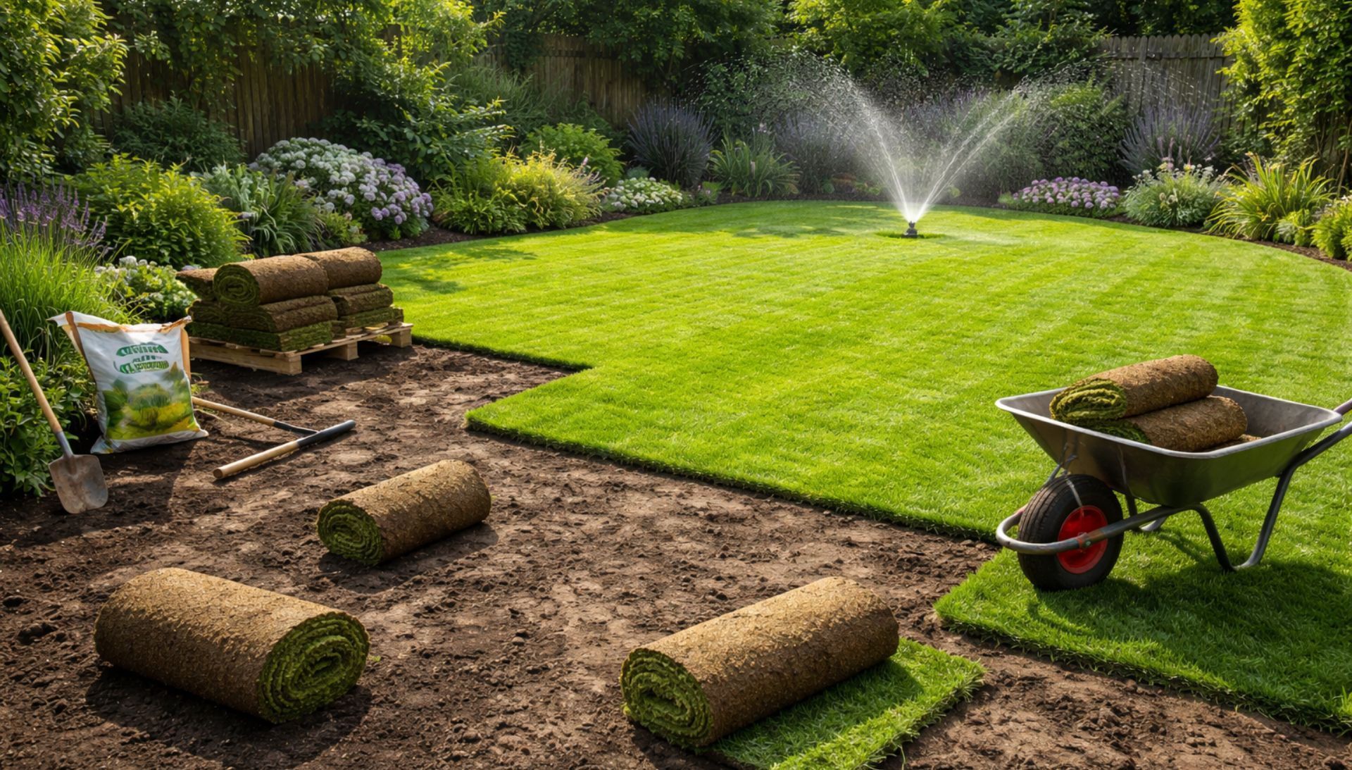 Pose de gazon en rouleaux dans un jardin avec arrosage automatique. 
