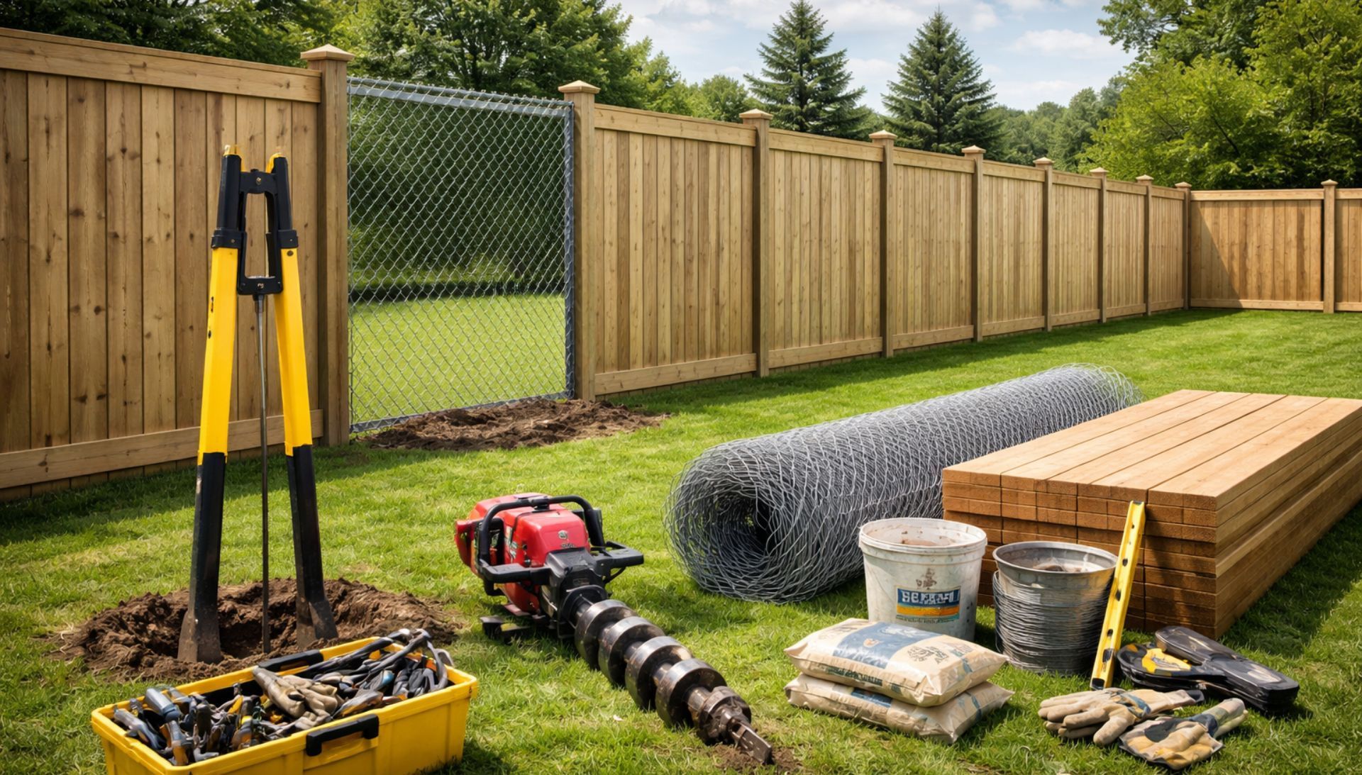 Scène de construction d'une clôture : des outils, des matériaux comme du bois, du fil de fer.