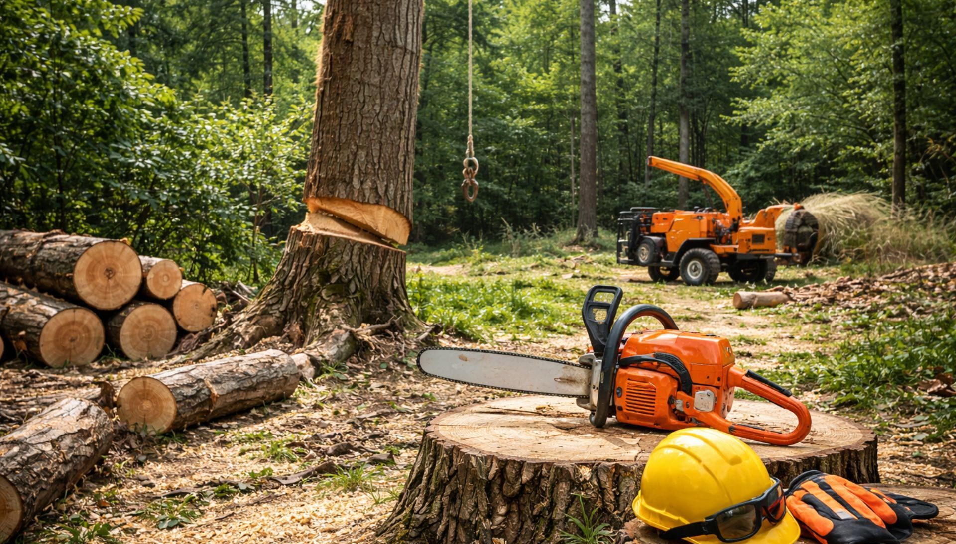 Arbre abattu avec bûches, tronçonneuse, broyeur de branches et équipement de sécurité en milieu forestier.