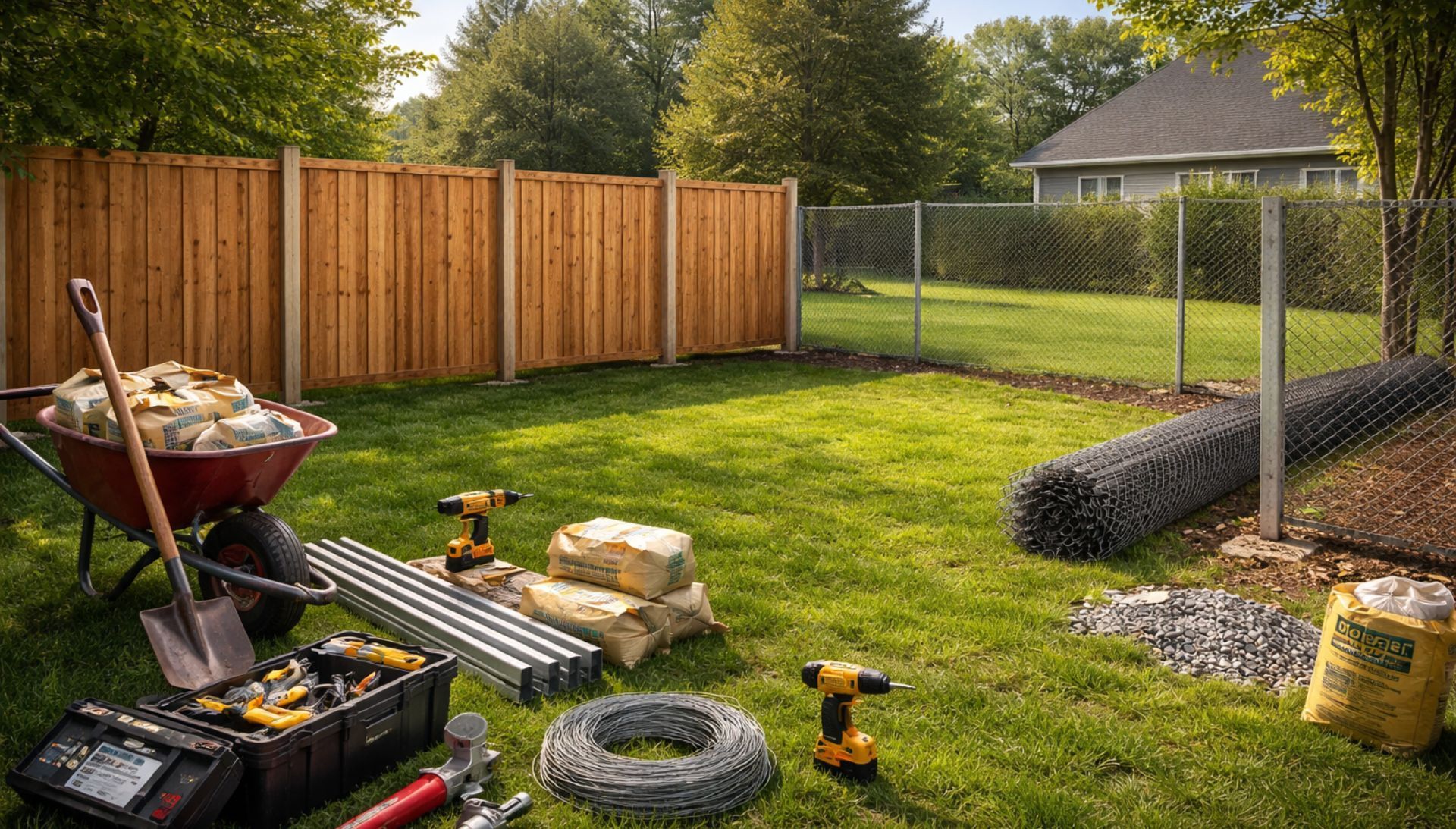 Cour arrière avec clôture en construction, outils, brouette, rouleau de fil de fer et matériaux de construction sur l'herbe.