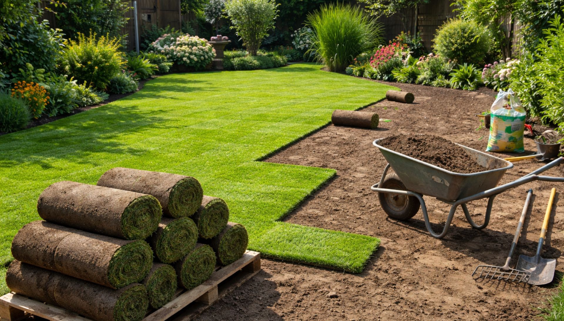 Pose de gazon en rouleaux dans un jardin : rouleaux de gazon, brouette de terre et outils de jardinage.