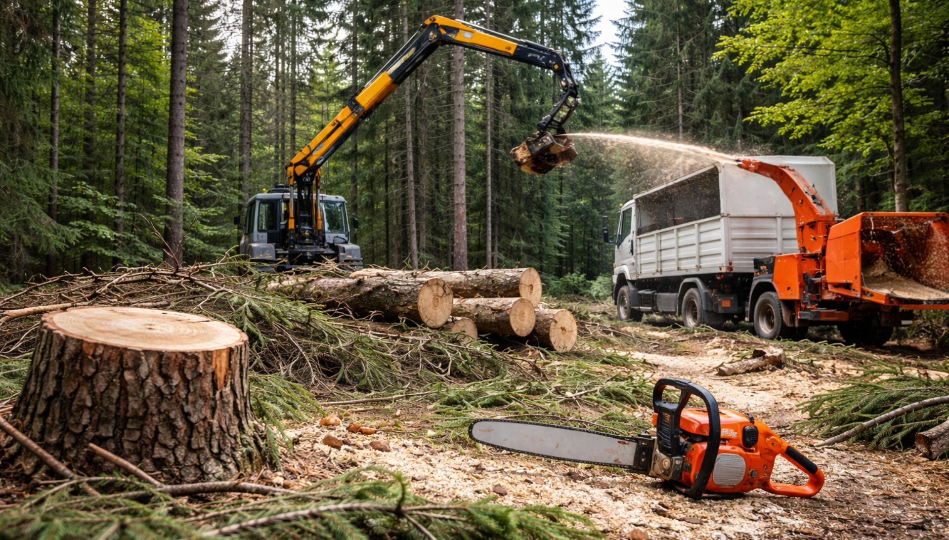 Scène d'exploitation forestière en forêt : grumes, grue, camion chargé de copeaux de bois, tronçonneuse, souche d'arbre.