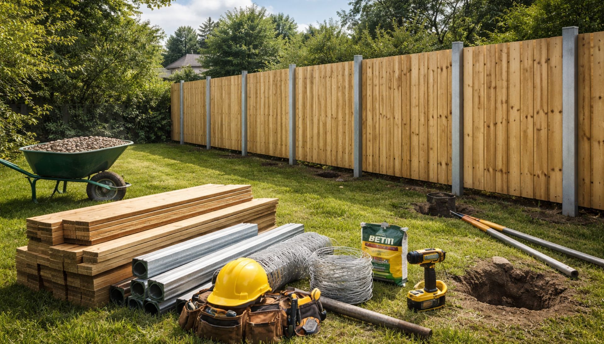 Construction d'une clôture en bois dans un jardin gazonné, avec des matériaux et des outils au premier plan et une brouette.