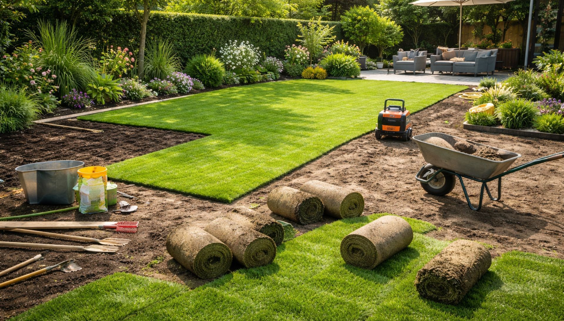 Pose de gazon en rouleaux dans un jardin arrière avec pelouse et parterres de fleurs.