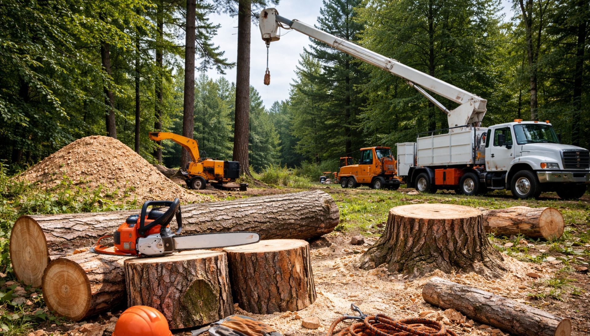 Scène d'abattage d'arbres : une tronçonneuse, des bûches, une souche.