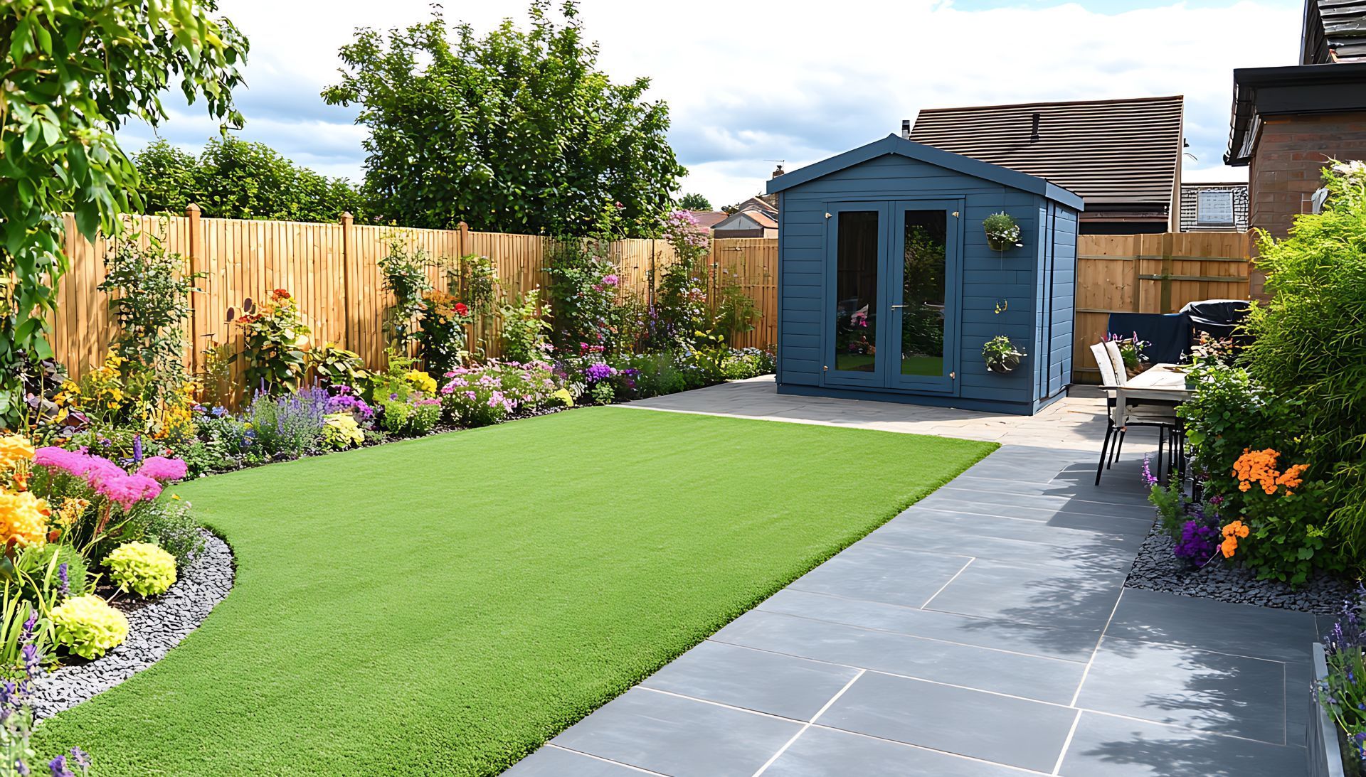 Un jardin avec du gazon artificiel, un abri de jardin bleu, une allée pavée et des parterres de fleurs sous un ciel nuageux.