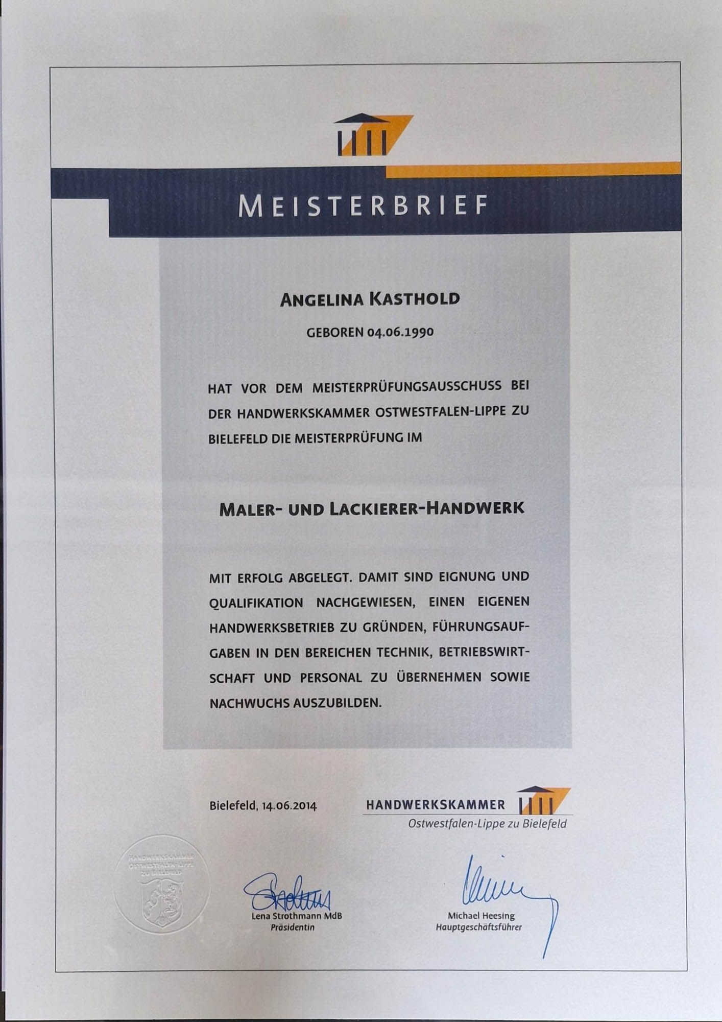 Ein Zertifikat mit der Aufschrift Meisterbrief