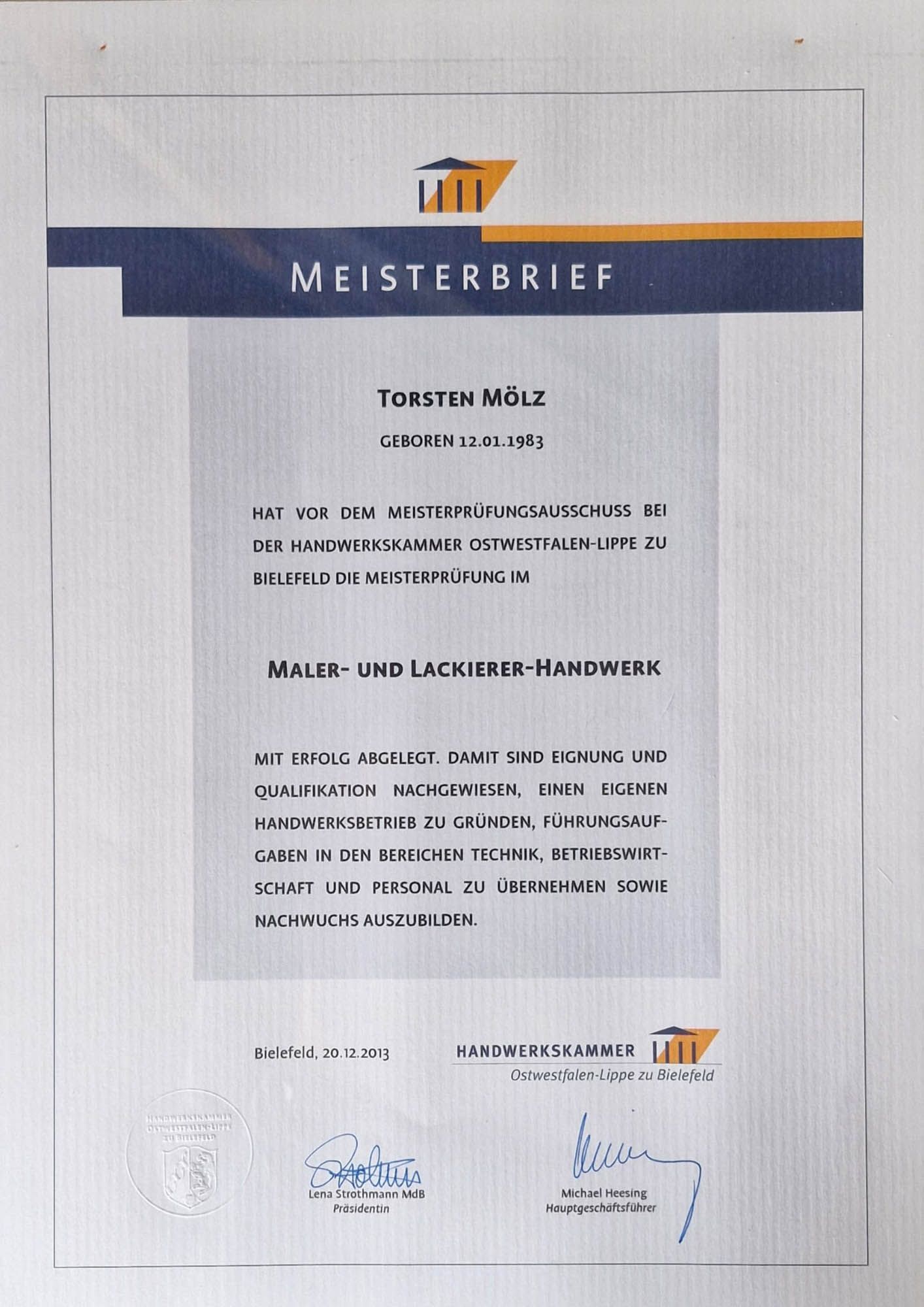Ein Zertifikat mit der Aufschrift Meisterbrief