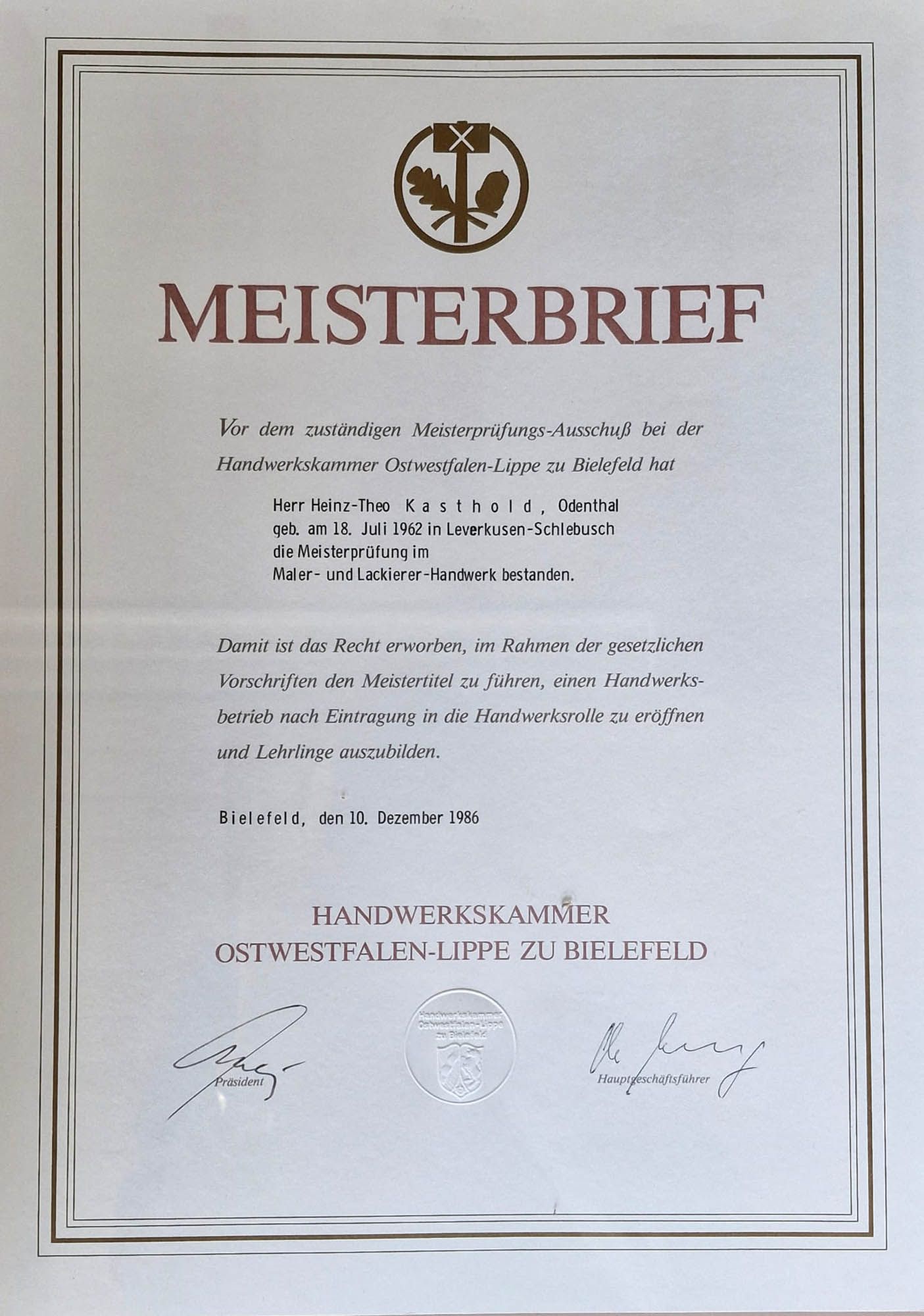 Ein Zertifikat mit der Aufschrift Meisterbrief