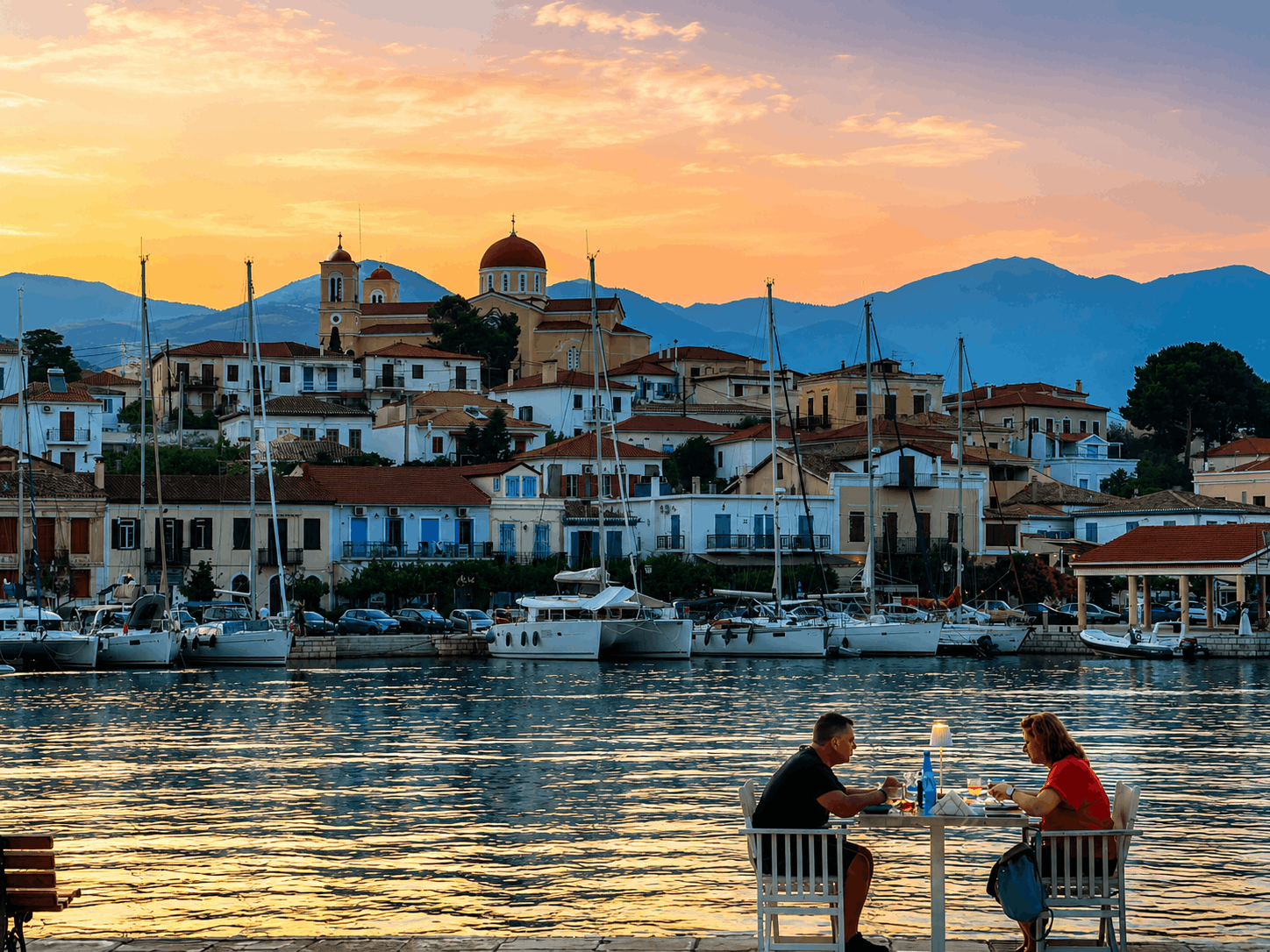 Λιμάνι με ηλιοβασίλεμα με λευκά κτίρια στην προκυμαία, αγκυροβολημένα σκάφη και δύο άτομα που δειπνούν δίπλα στο νερό
