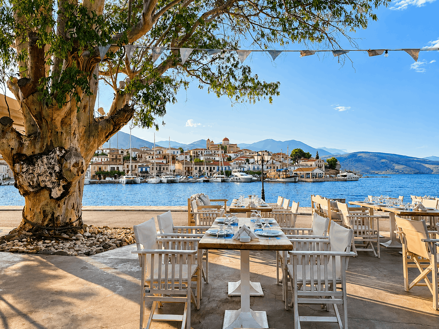 Τραπεζαρία δίπλα στη θάλασσα κάτω από ένα μεγάλο δέντρο, με θέα σε μια ήρεμη παραθαλάσσια πόλη και τα γαλάζια βουνά