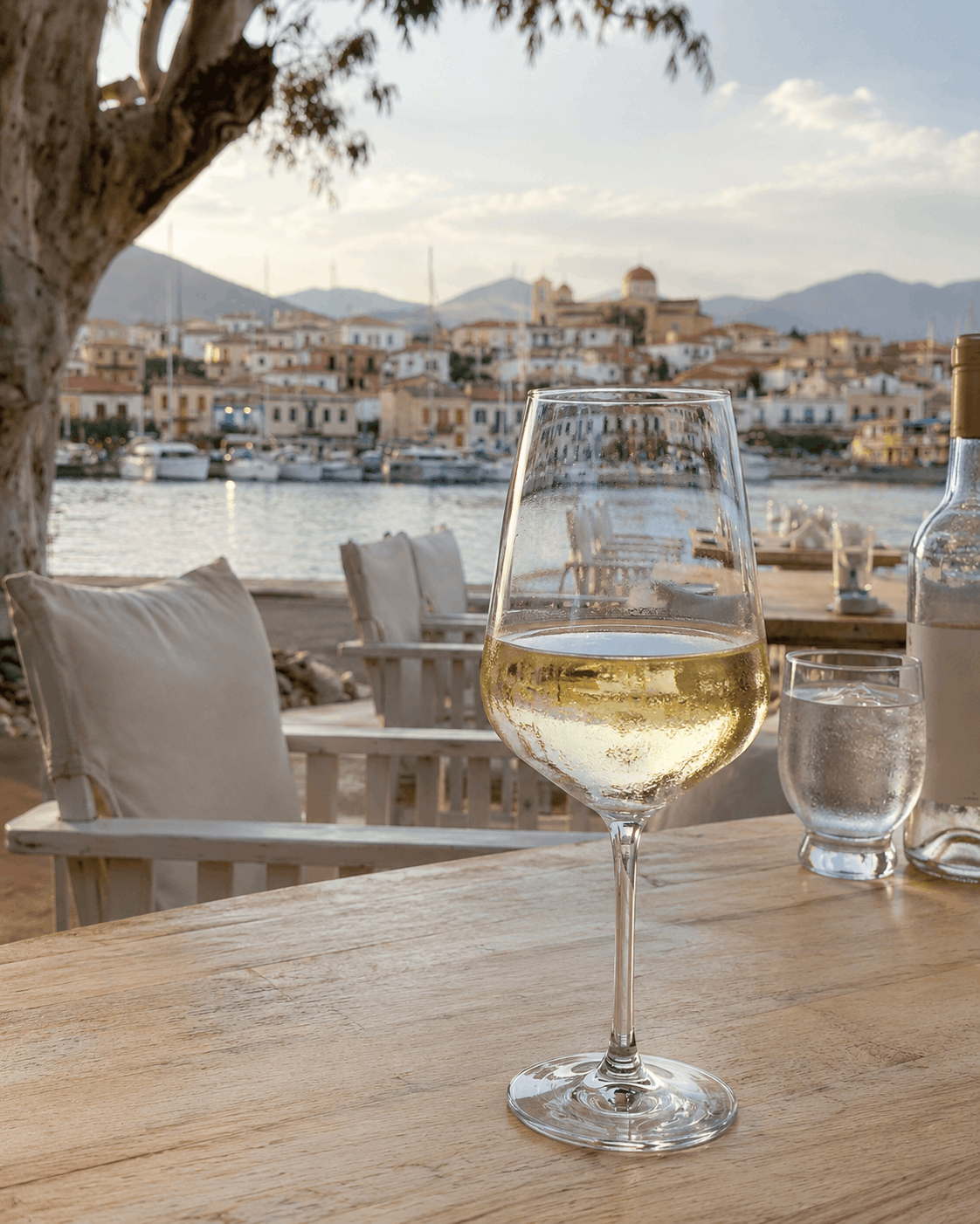 Ποτήρι κρασιού σε τραπέζι καφέ μπροστά στη θάλασσα με θέα σε μια πόλη-λιμάνι το ηλιοβασίλεμα.