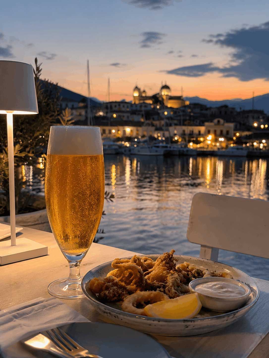 Σαμπάνια και θαλασσινά σε ένα τραπέζι με θέα στην προκυμαία κατά το ηλιοβασίλεμα
