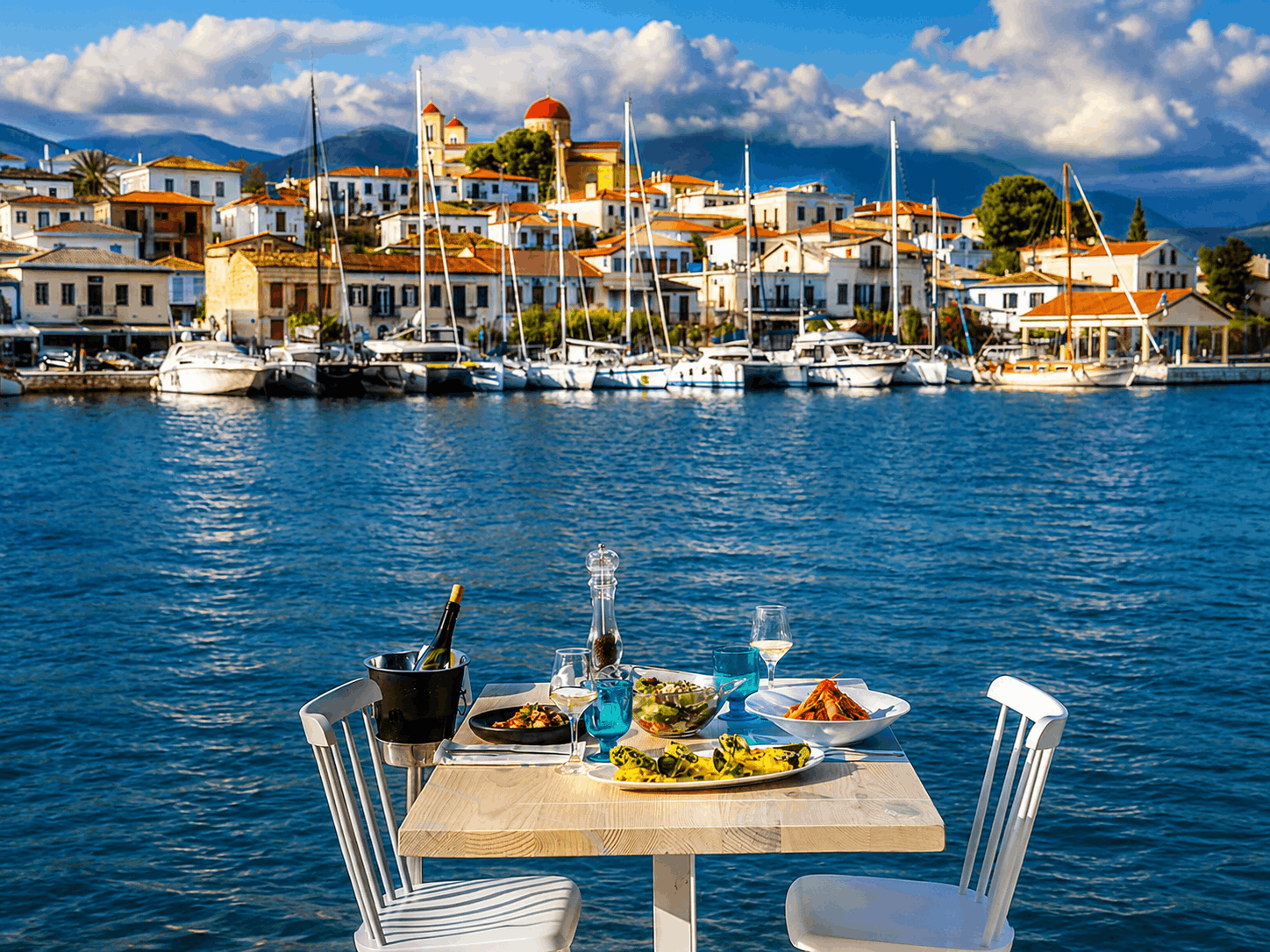 Τραπέζι καφέ δίπλα στη θάλασσα με φαγητό και κρασί με θέα στα ιστιοφόρα και τα πολύχρωμα κτίρια δίπλα στη θάλασσα κάτω από τον γαλάζιο ουρανό