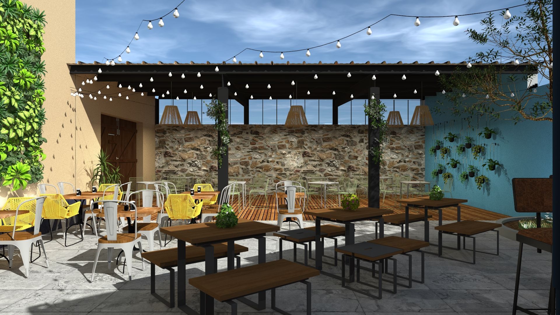 Modélisation d'une terrasse avec de nombreuses tables