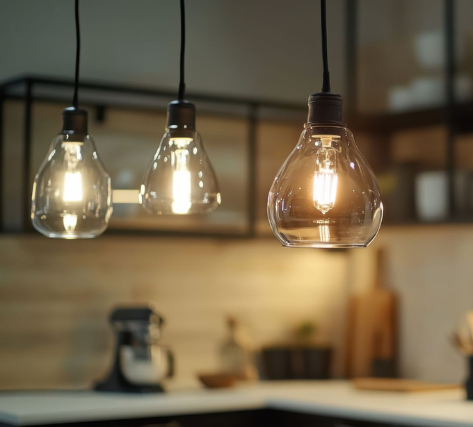 Trois suspensions avec des ampoules en verre ambré en forme de larme sont suspendues au-dessus d'un comptoir de cuisine.