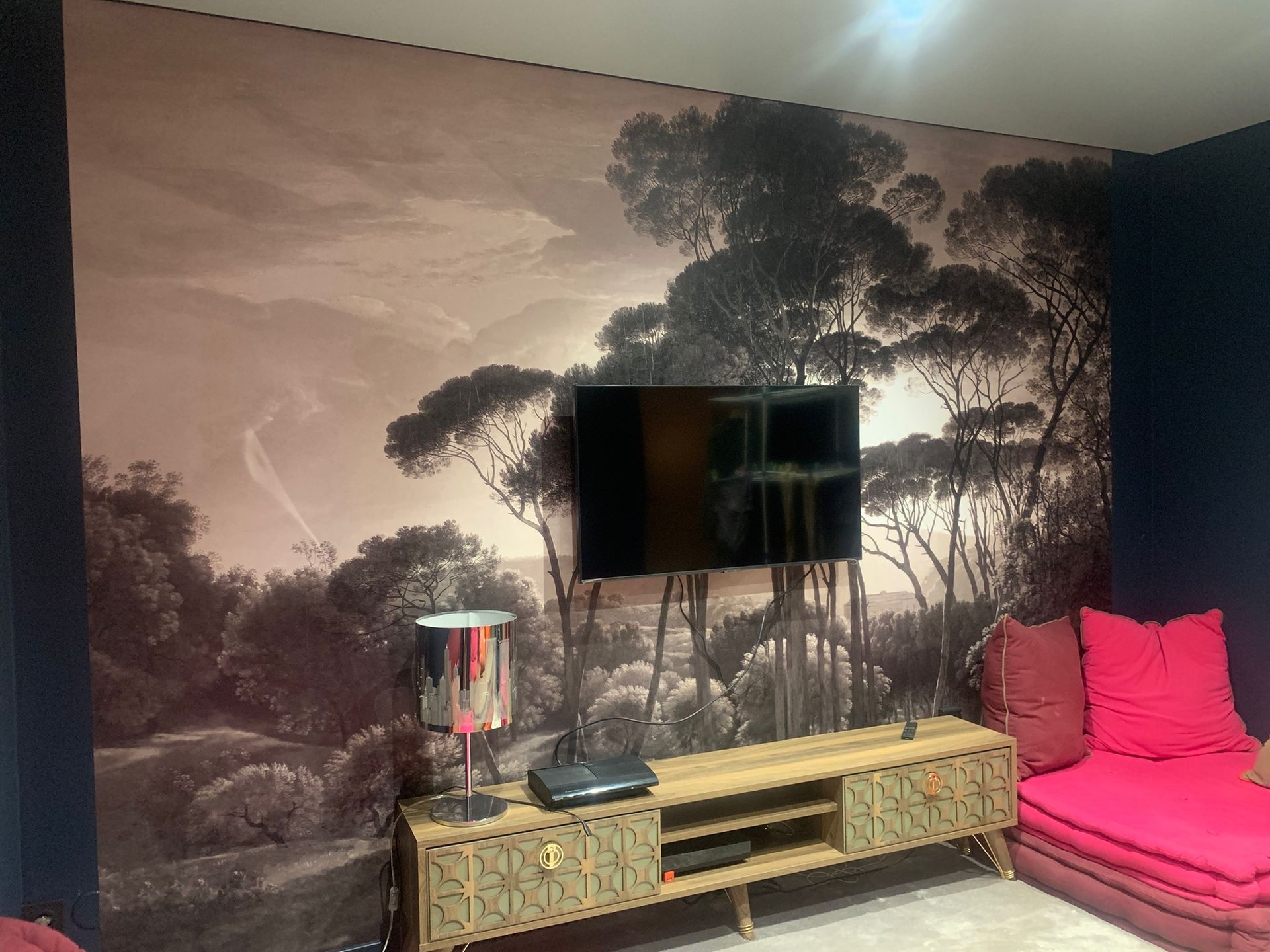 Mur avec un paysage derrière une télévision