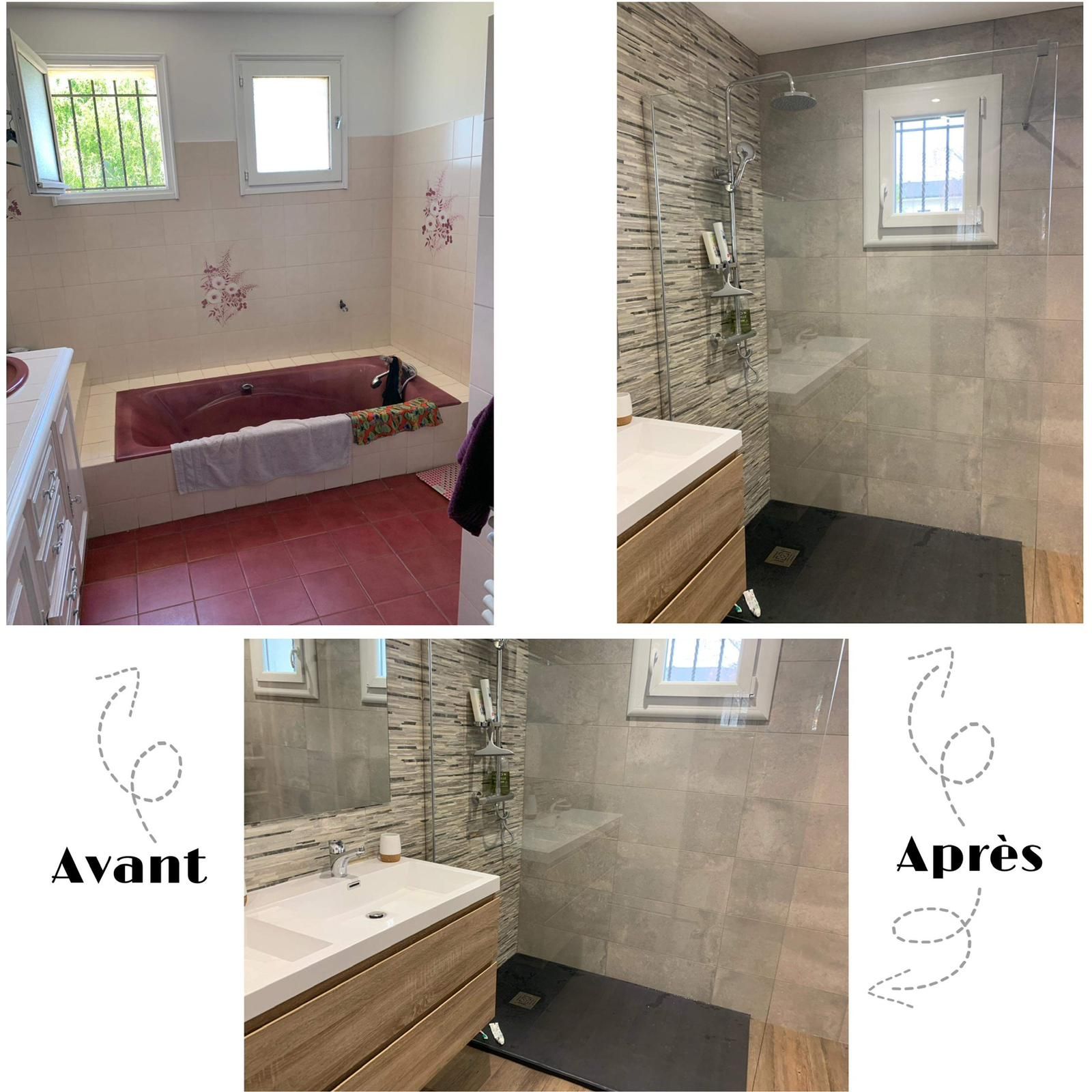 Comparaison avant/après d'une rénovation de salle de bains, avec le remplacement d'une baignoire carrelée par une douche à l'italienne moderne.