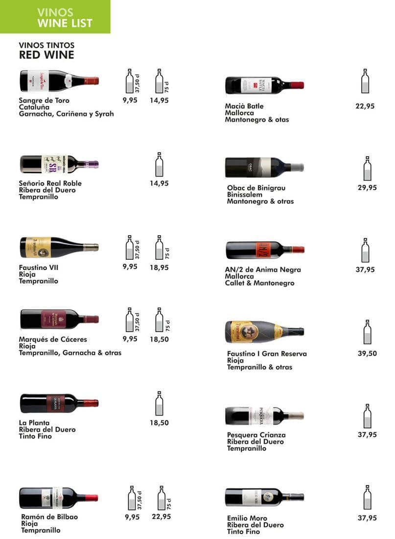Carta de vinos tintos y blancos con etiquetas de botellas y precios en una página del menú.