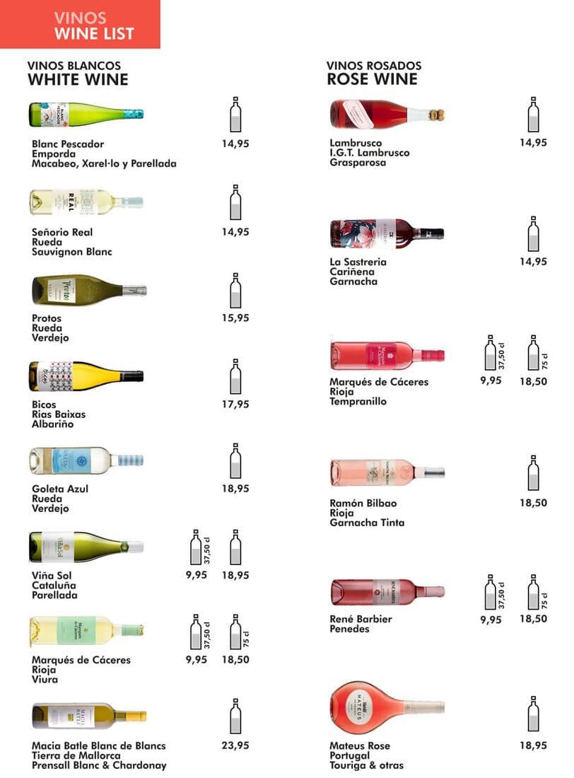 Carta de vinos con vinos blancos y rosados, imágenes de las botellas y precios.