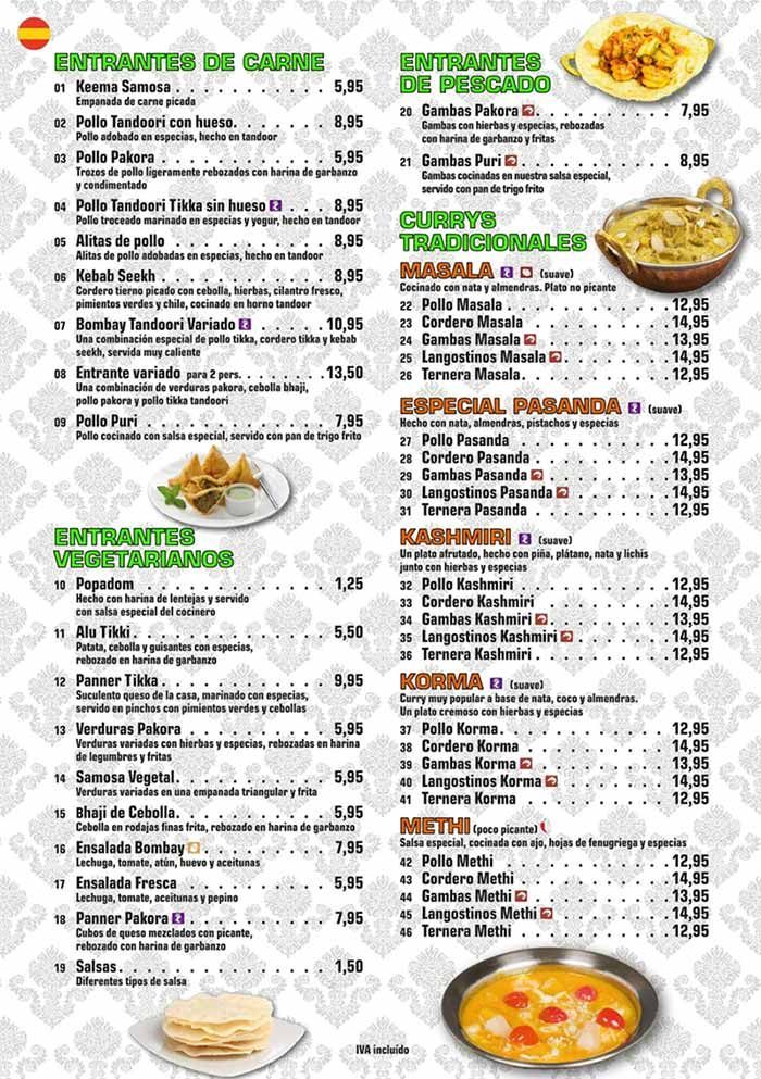 Página del menú con listados de comida española, precios y fotos de platos sobre un fondo blanco estampado.