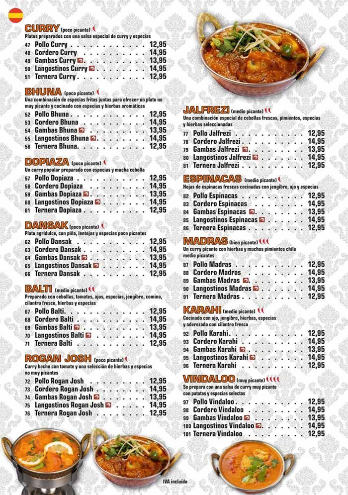 Menú de un restaurante indio con platos de curry, precios y fotos de la comida sobre un fondo estampado.