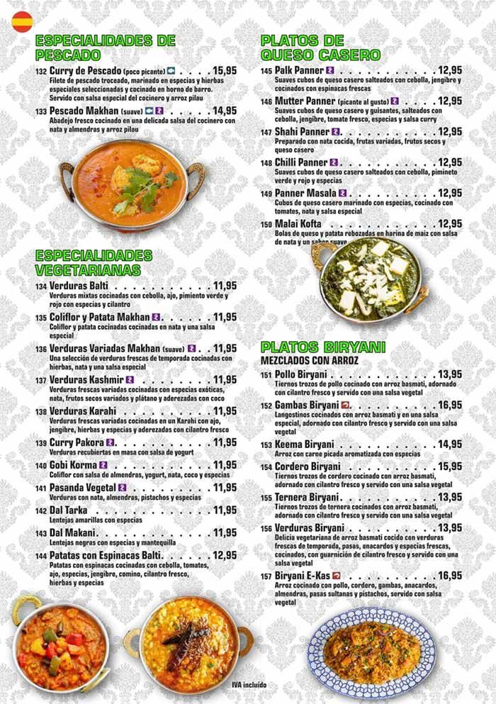 Menú de un restaurante español con varias secciones de platos y fotos de sopas, ensaladas y platos principales.