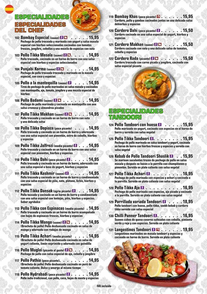 Menú de un restaurante español de mariscos con nombres de platos, precios y fotos de paella y una fuente de mariscos.