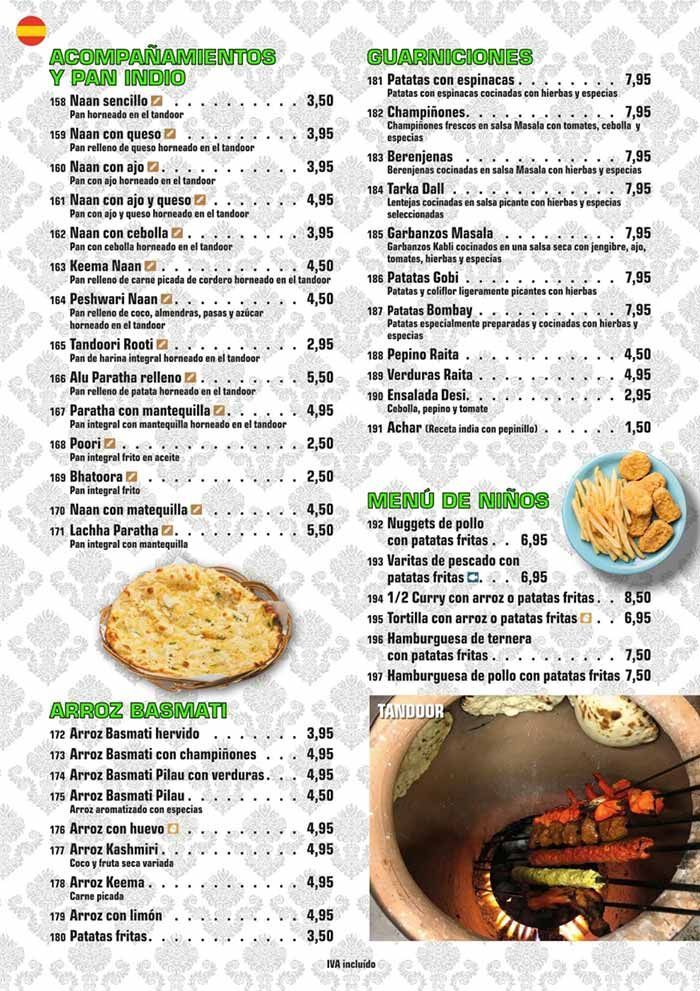 Menú del restaurante con platos españoles, precios y fotos de paella, croquetas y una parrillada.