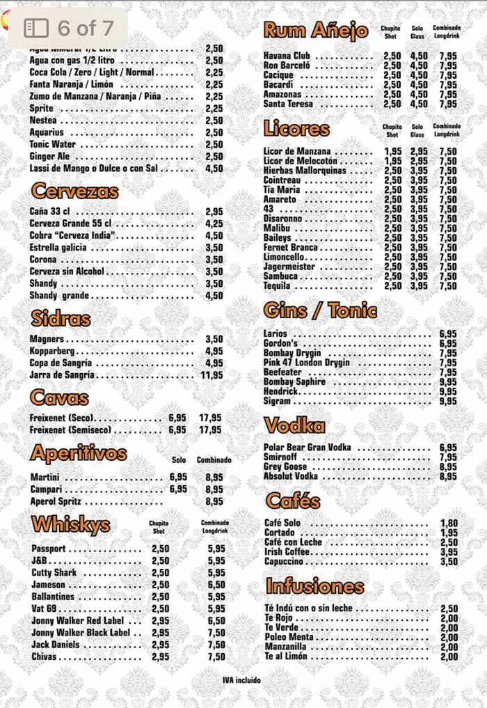 Página del menú del restaurante con múltiples secciones y precios de los artículos en texto negro y naranja sobre un fondo blanco.