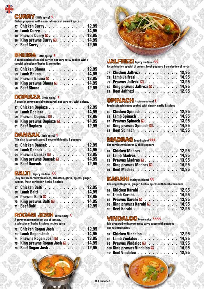 Página del menú del restaurante con platos de curry indio, precios y fotos de los platos presentados en la parte superior e inferior.