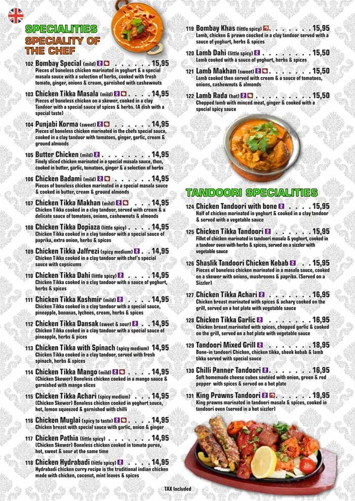 Menú de restaurante indio con especialidades de paneer, pollo y biryani, además de fotos de platos de curry.