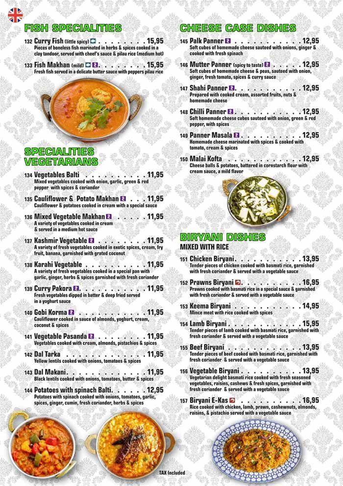 Página del menú con encabezados verdes, fotos de comida y precios de los platos sobre un fondo estampado.