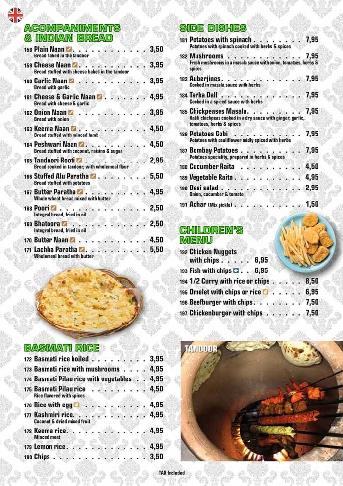 Menú del restaurante con encabezados verdes, listado de platos y fotos de aperitivos fritos, sopas y carnes a la parrilla.