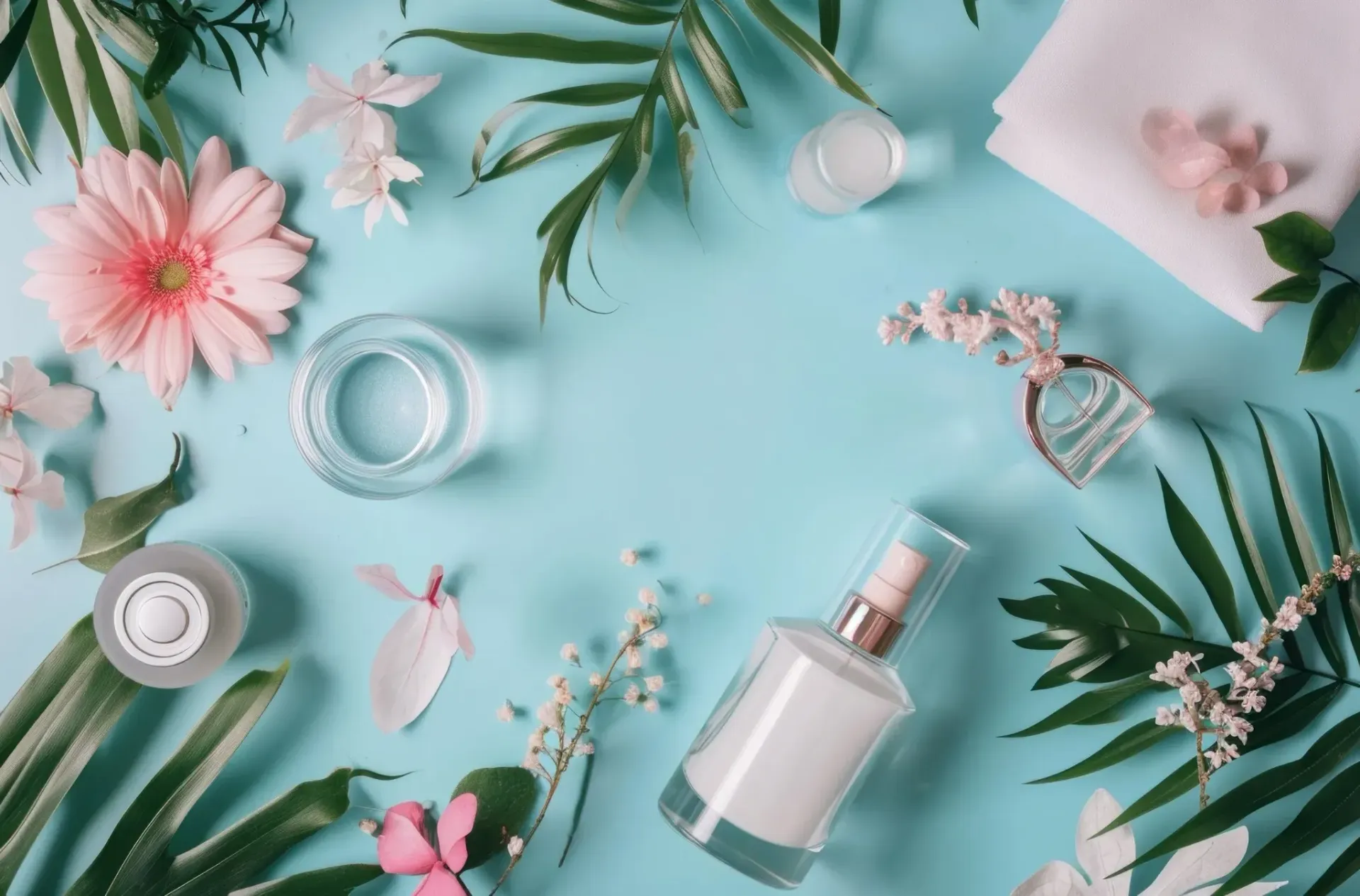 Productos de spa, flores y vegetación dispuestos sobre una superficie de color azul claro.