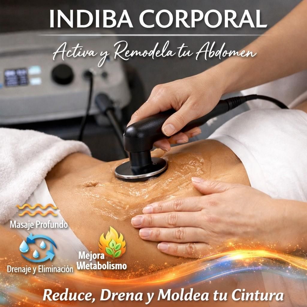 Persona recibiendo tratamiento de contorno corporal en el muslo; dispositivo en uso.