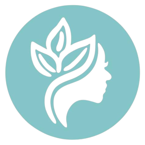 Silueta blanca de perfil de mujer con hojas sobre un c&iacute;rculo azul claro.