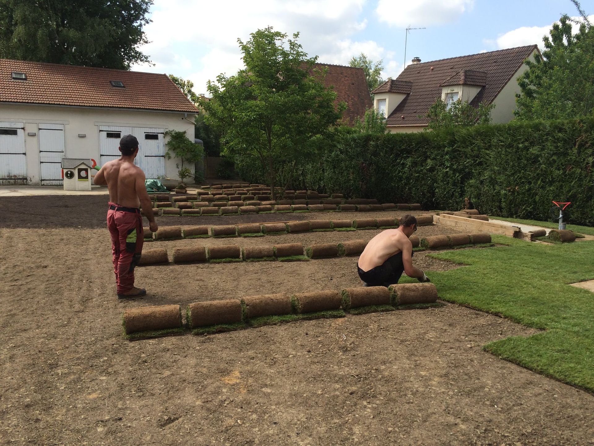 Pose de gazon en rouleaux dans un jardin