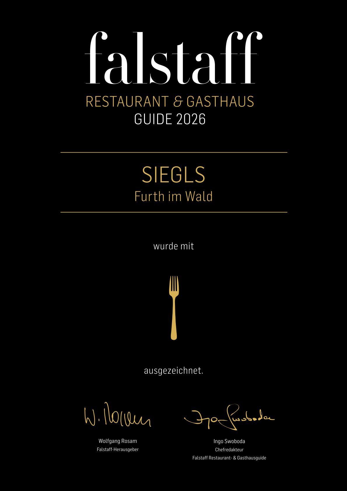 Falstaff-Restaurantführer-Cover mit einer goldenen Gabel auf schwarzem Hintergrund.