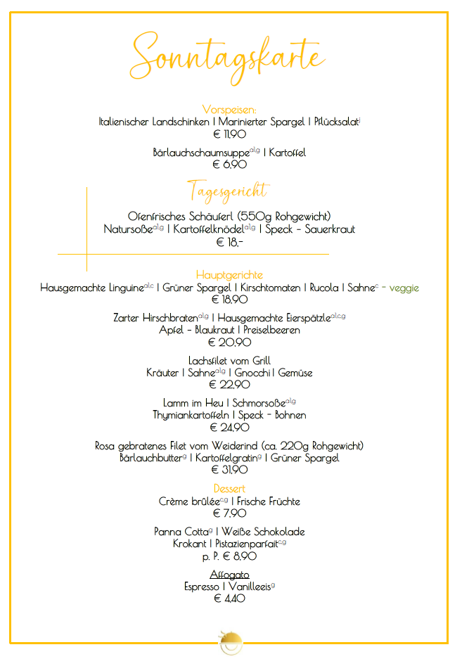 Speisekarte mit deutschem Text, Goldrand und mehreren Gerichten zur Auswahl.