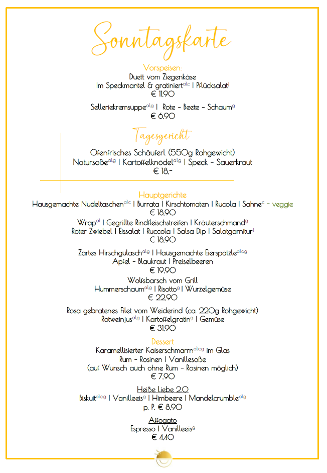 Speisekarte mit deutschem Text, Goldrand und mehreren Gerichten zur Auswahl.
