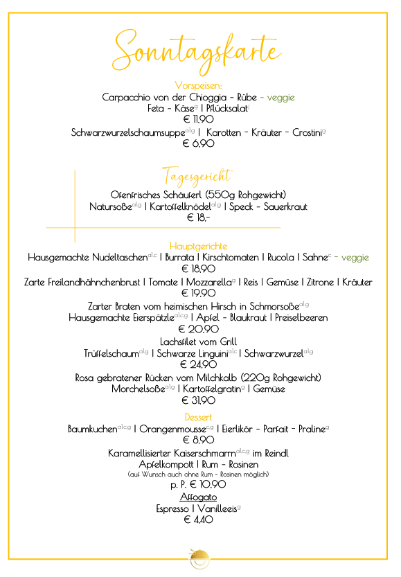 Speisekarte mit deutschem Text, Goldrand und mehreren Gerichten zur Auswahl.