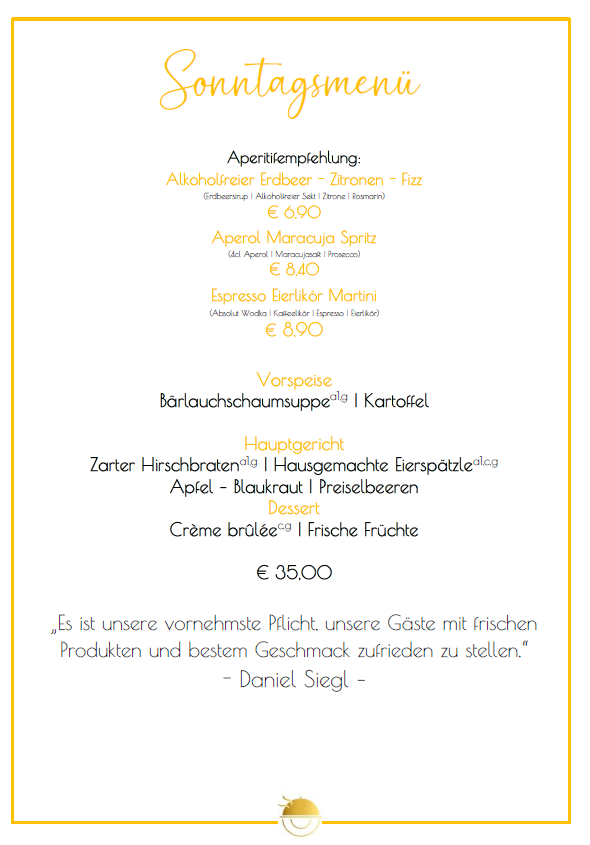 Speisekarte mit Text in deutscher Sprache, inklusive Vorspeisen, Hauptgerichten und Dessertoptionen mit Preisangabe.